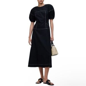 NWT MADEWELL Puff-Sleeve Drop-Waist Midi Dress Black 6